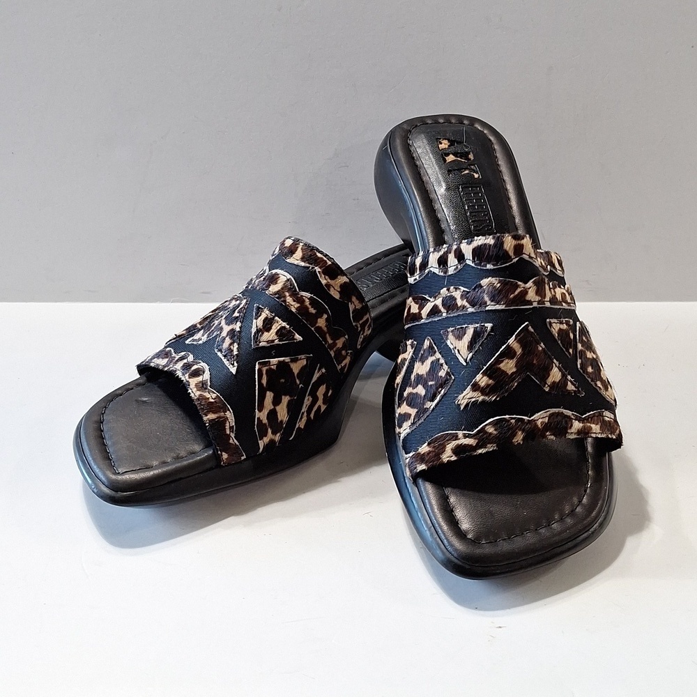 Art Effects Black Tan Unique Made In Brazil Animal Print Leather Slide Sandals 8